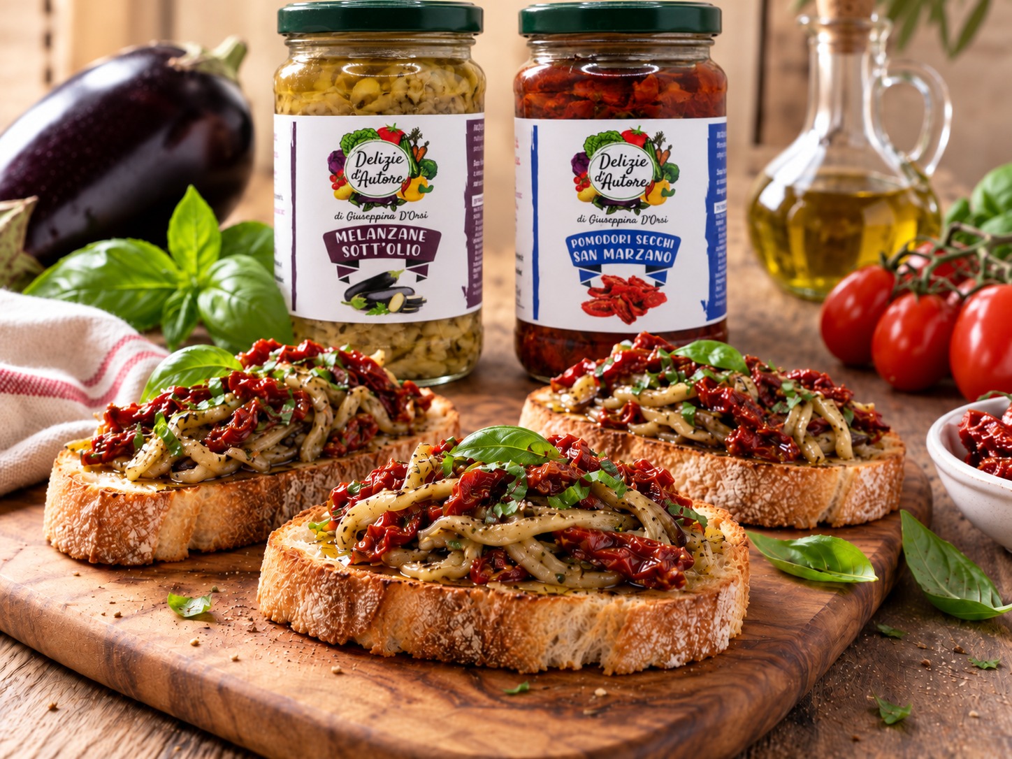 Bruschette con melanzane sott’olio e pomodori secchi San Marzano DOP