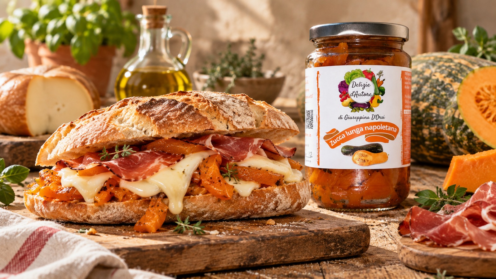 Panino con zucca lunga napoletana, scamorza affumicata e speck